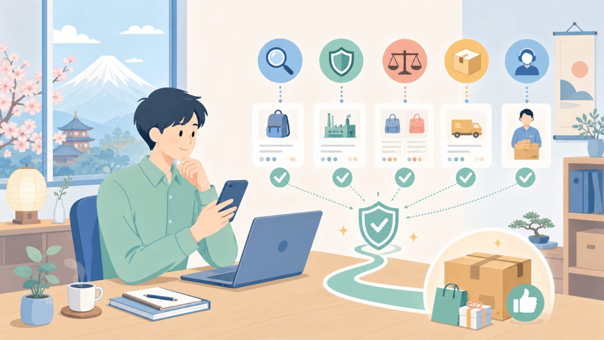 購入前に確認したい5つの注意点と安全な買い方を表すイラスト