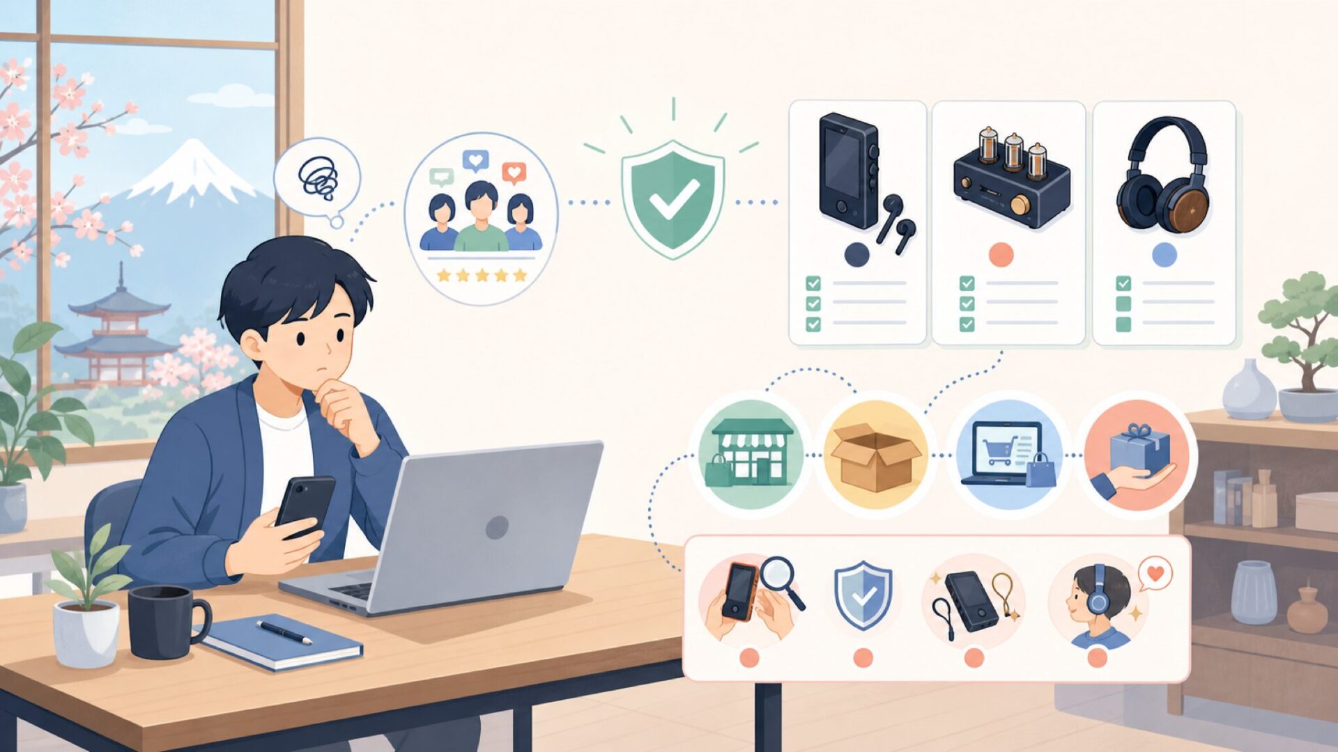 日本でのCayin製品の評価と入手方法を表すイラスト
