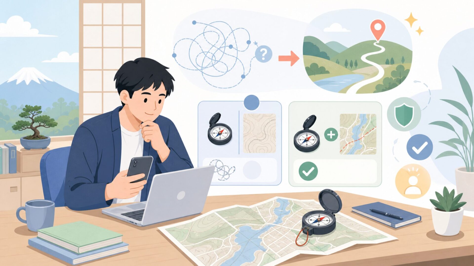 コンパスは持つだけでは道具にならない——地図読みの始め方を表すイラスト