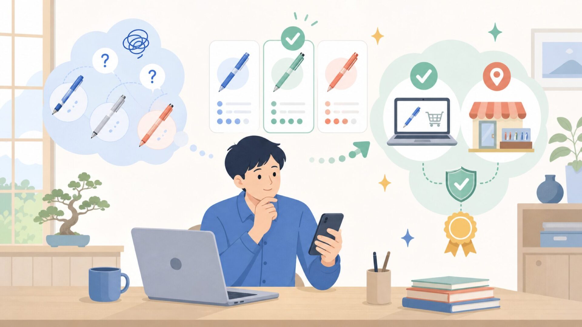 パイロット・ぺんてると何が違う？OHTOのブランドポジションを表すイラスト