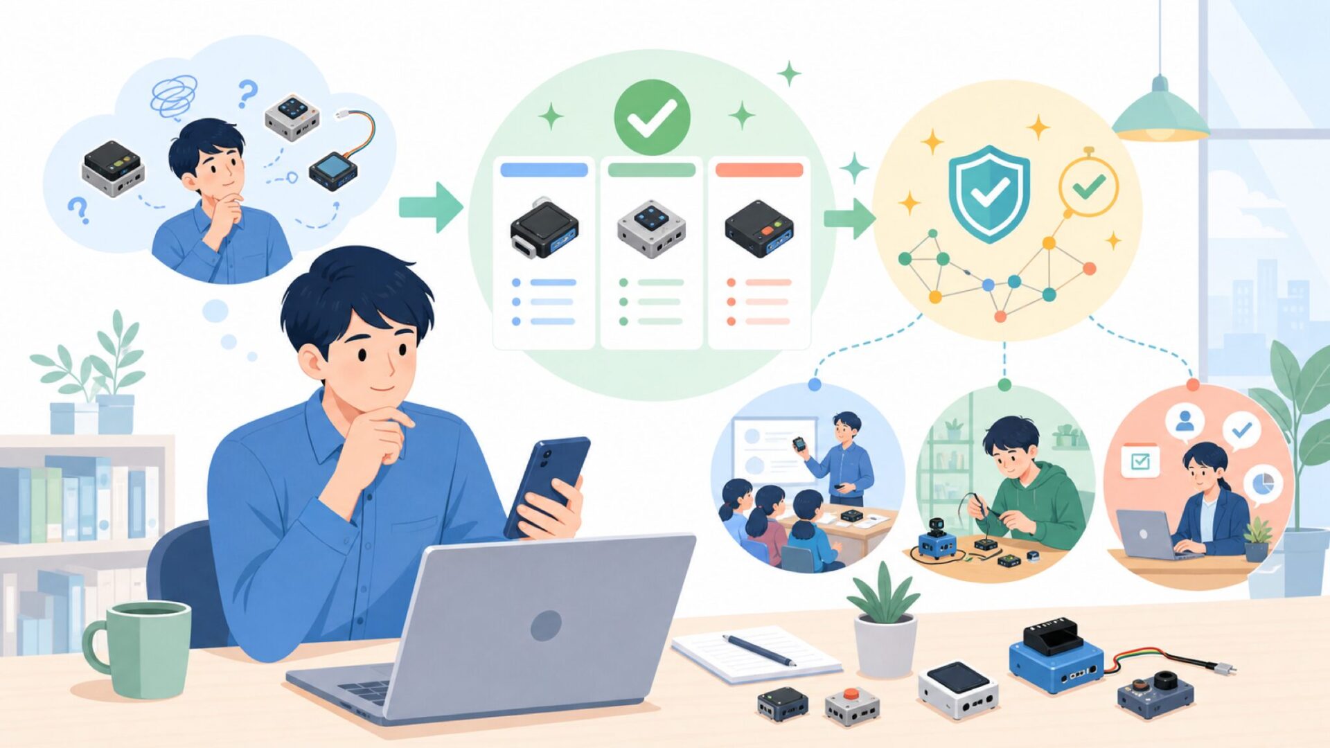 国を問わず広がるM5Stackの活用事例を表すイラスト