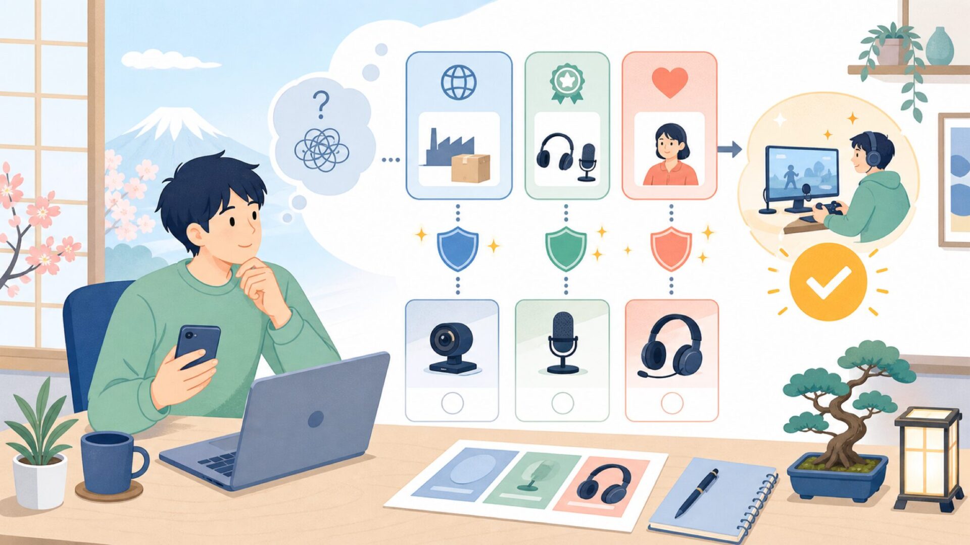あなたの配信用途に本当に合う？選び方の基準を表すイラスト