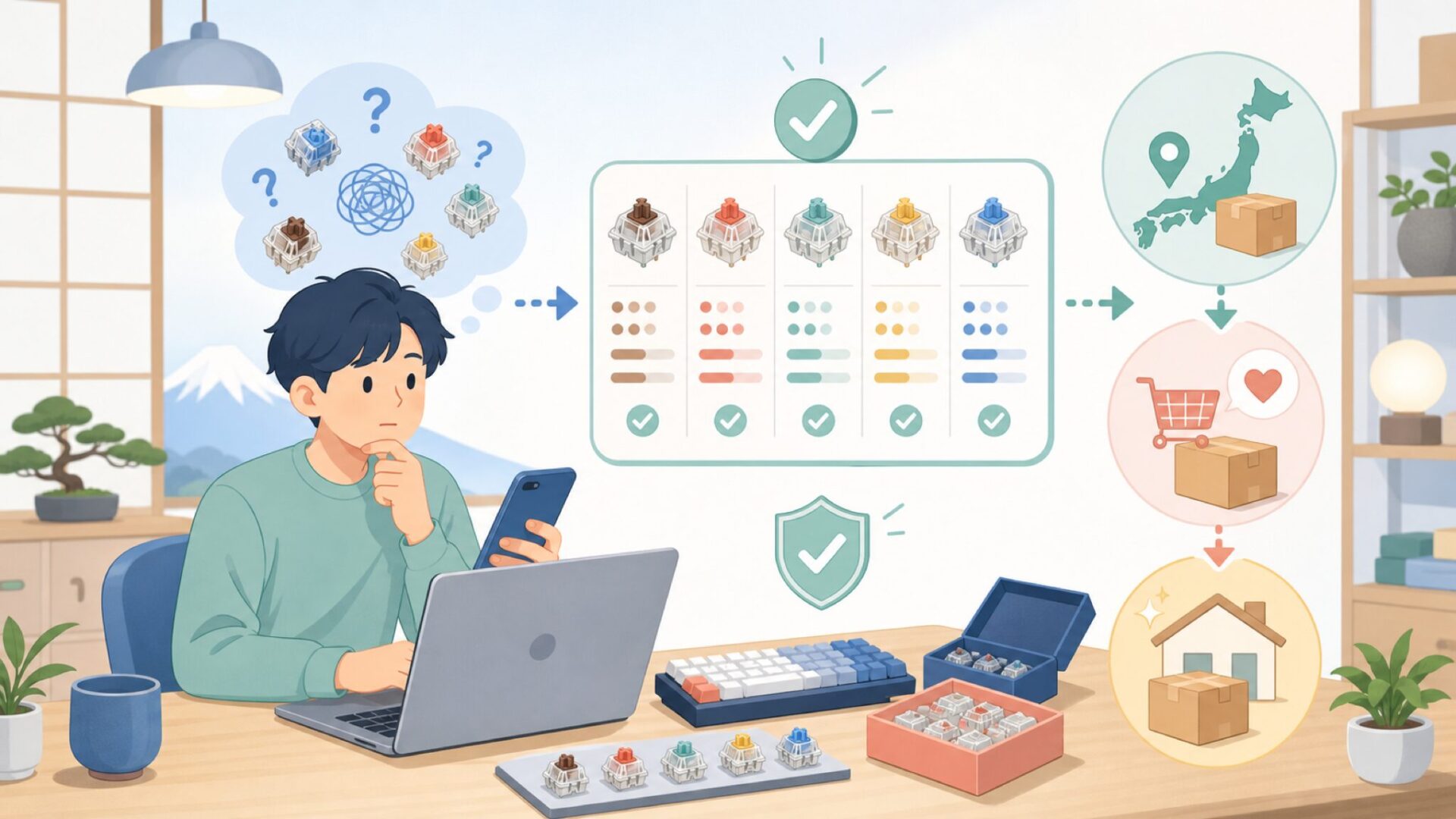 TTCスイッチは日本でどこで買える?入手性と選び方を表すイラスト