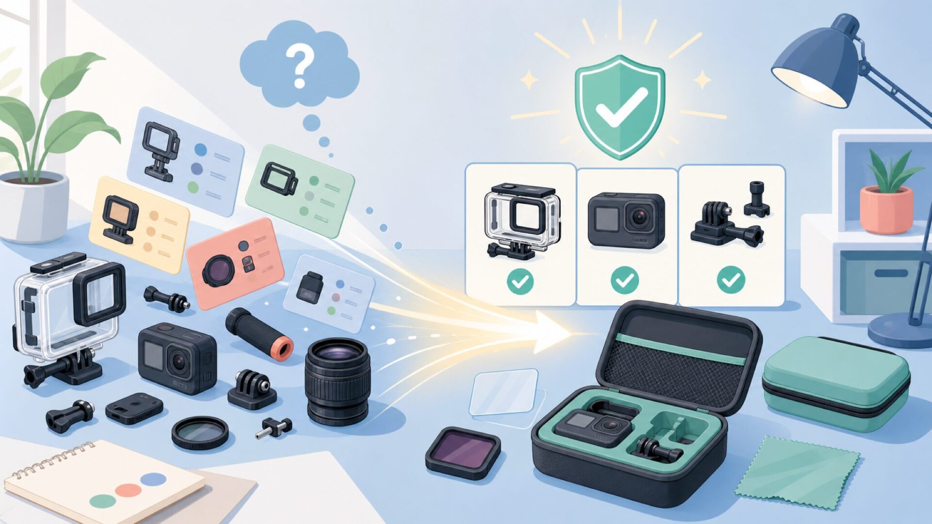 GoPro・DJI対応アクセサリーとガジェット保護の全体像を表すイラスト