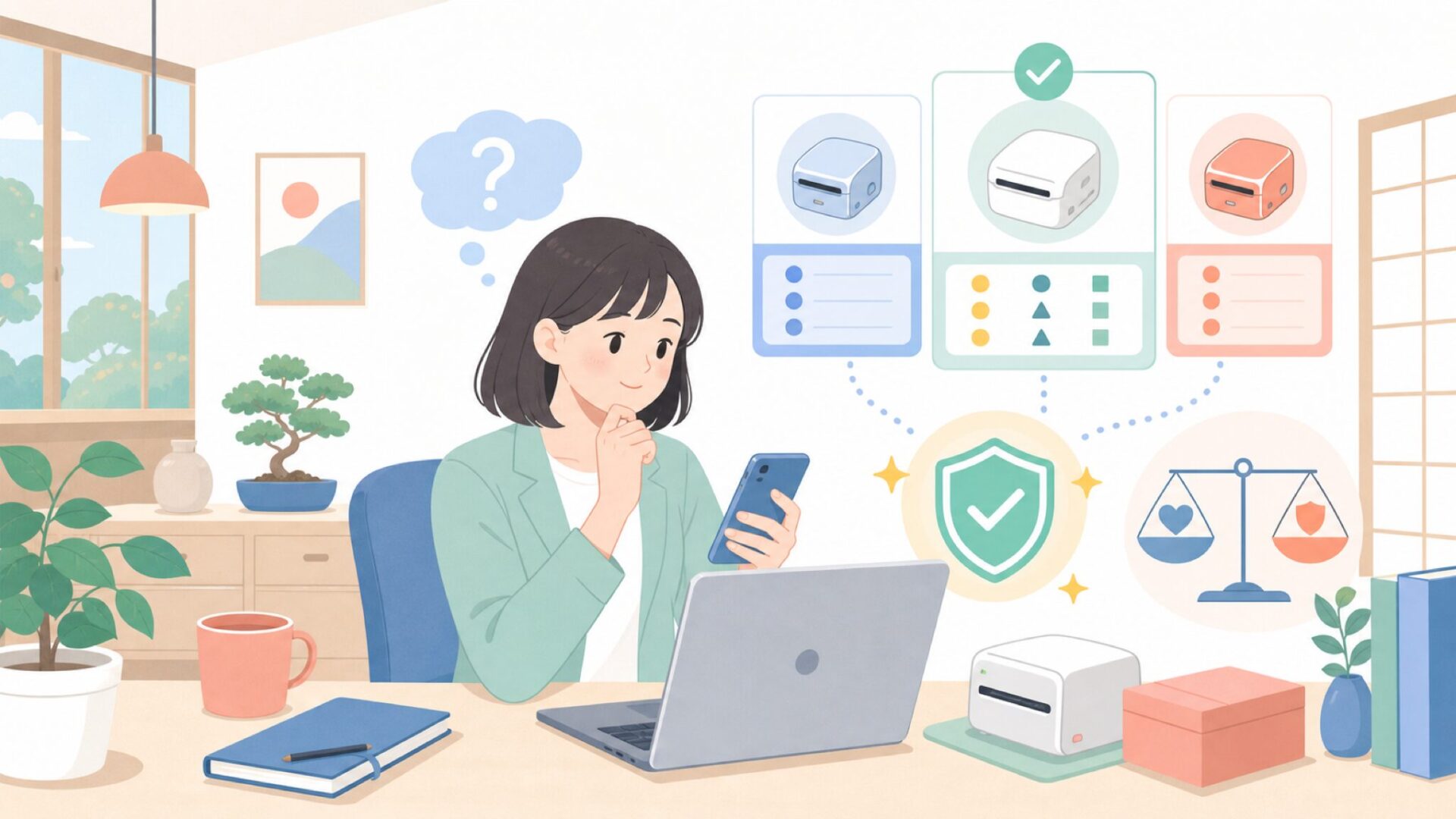 Niimbotを後悔なく選ぶための購入前チェックを表すイラスト