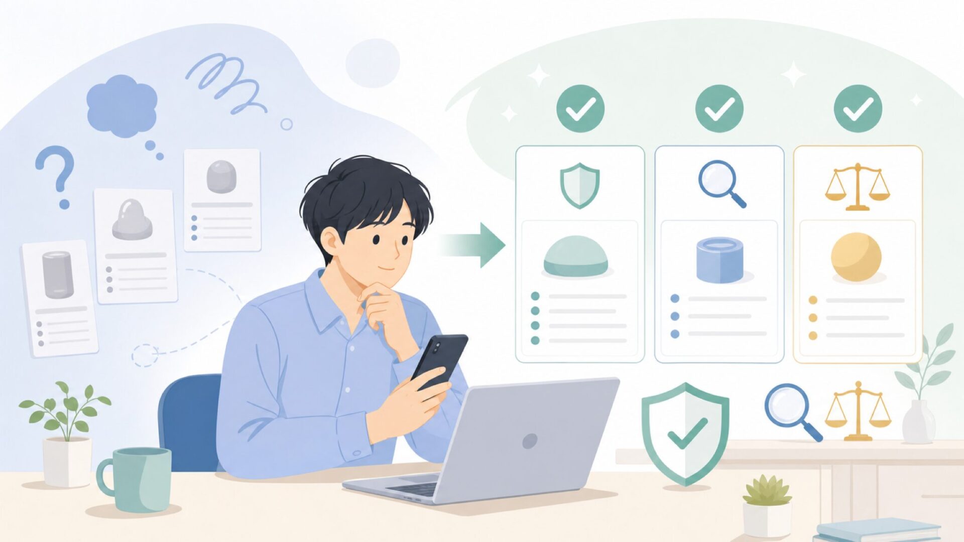 購入前に確認したい3つのチェックポイントを表すイラスト