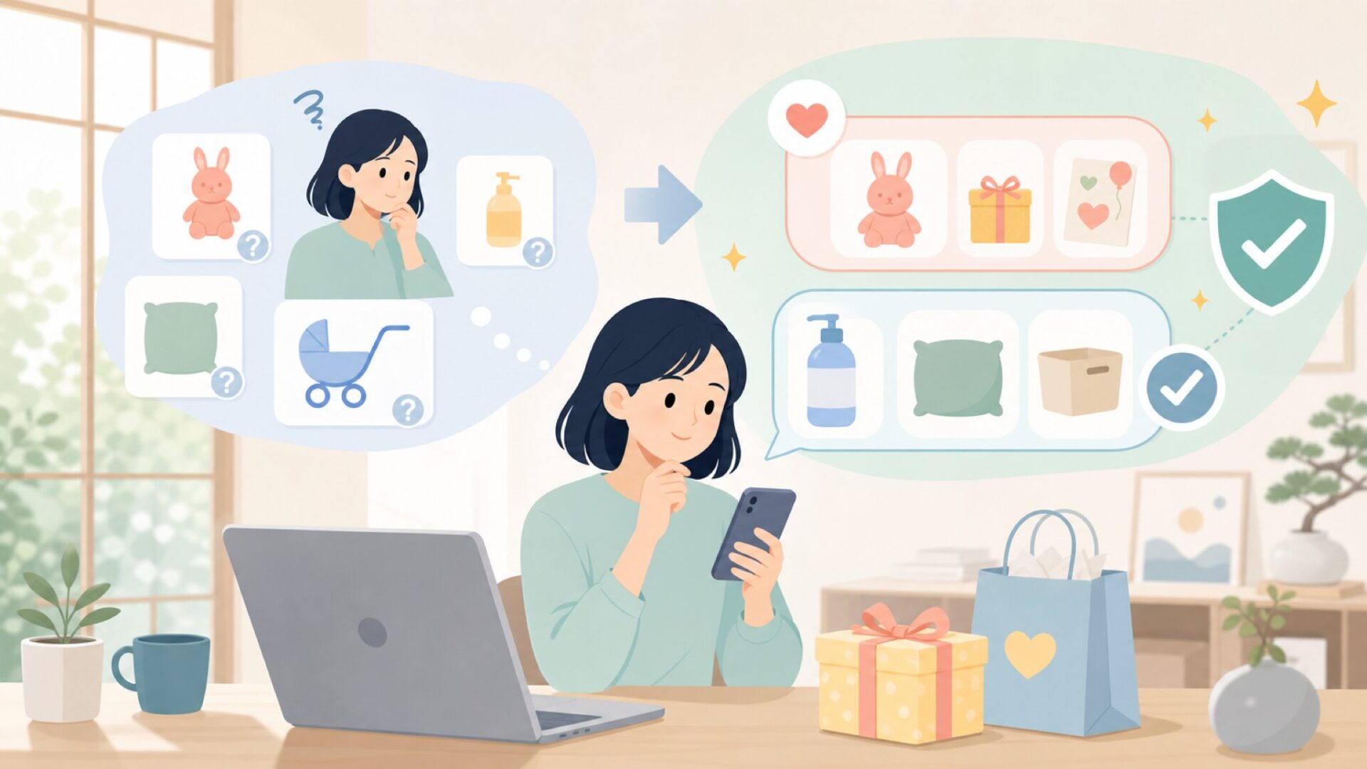 出産祝いにも自宅用にも、シーン別の失敗しない選び方を表すイラスト