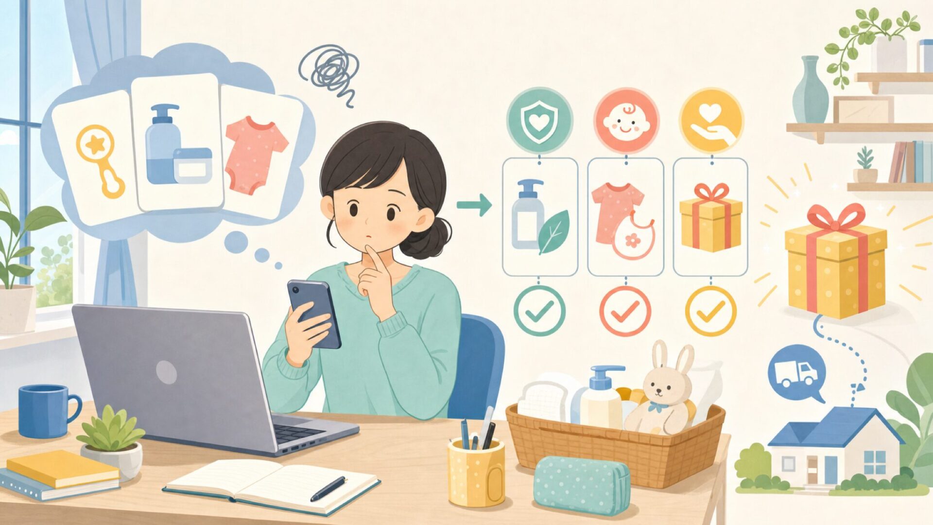 出産祝い・育児用品として選ぶときの3つの判断基準を表すイラスト