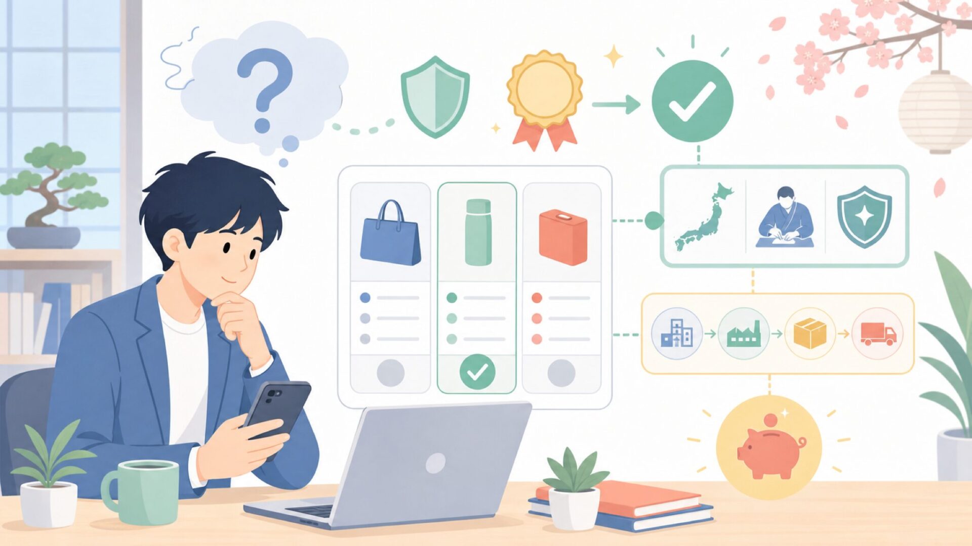 日本ブランドなのに価格が手頃な理由を表すイラスト