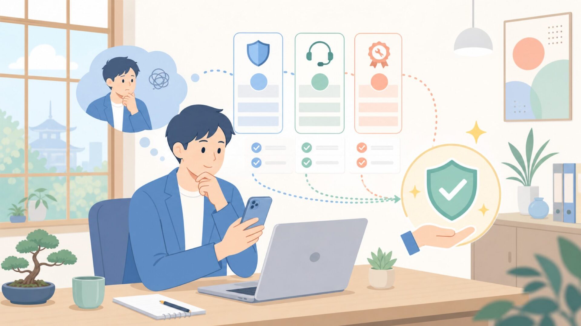購入後の不安を解消するアフターサービスと保証を表すイラスト
