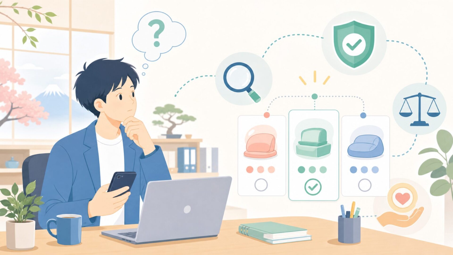 ComHomaは買って大丈夫？購入判断のポイントを表すイラスト