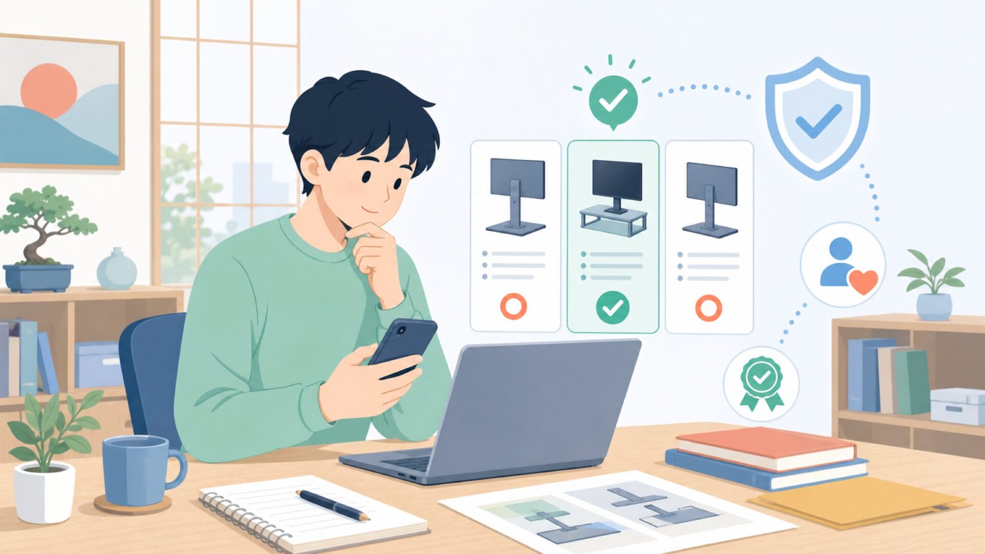 FITUEYESを安心して選ぶための購入前チェックを表すイラスト