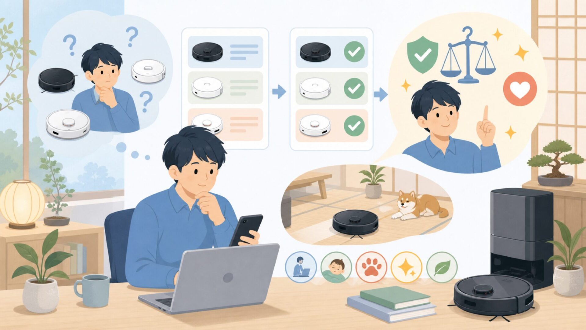 MOVAロボット掃除機が特に向いている人を表すイラスト