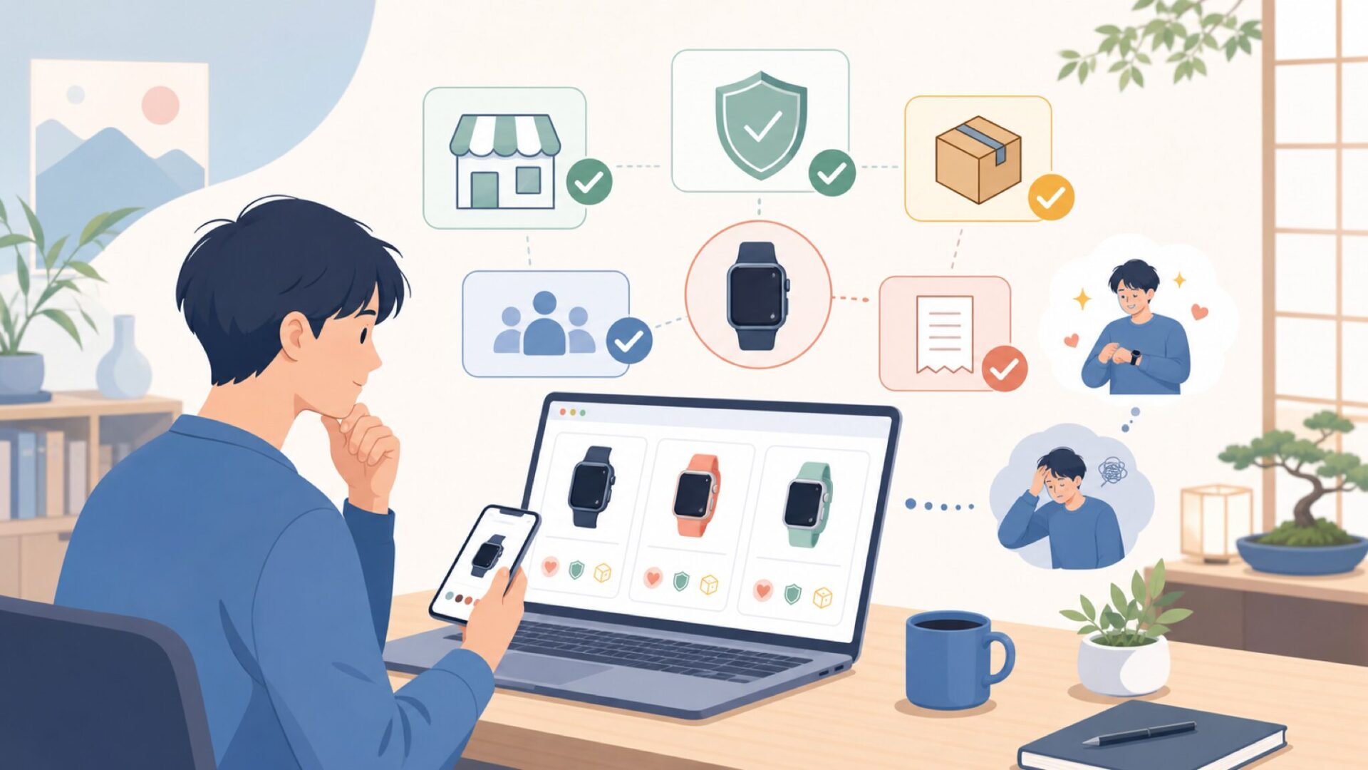 TicWatchを買う前に確認すべき実務的なことを表すイラスト
