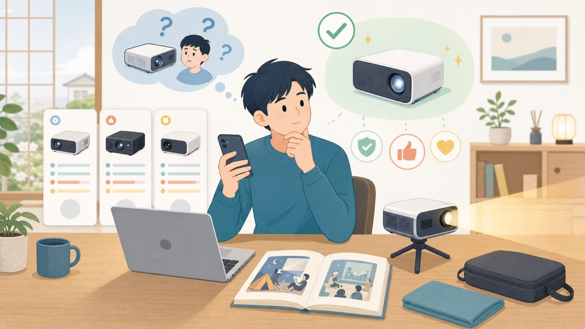 YOTONプロジェクターの実機レビュー：格安モバイル機としての使用感を表すイラスト