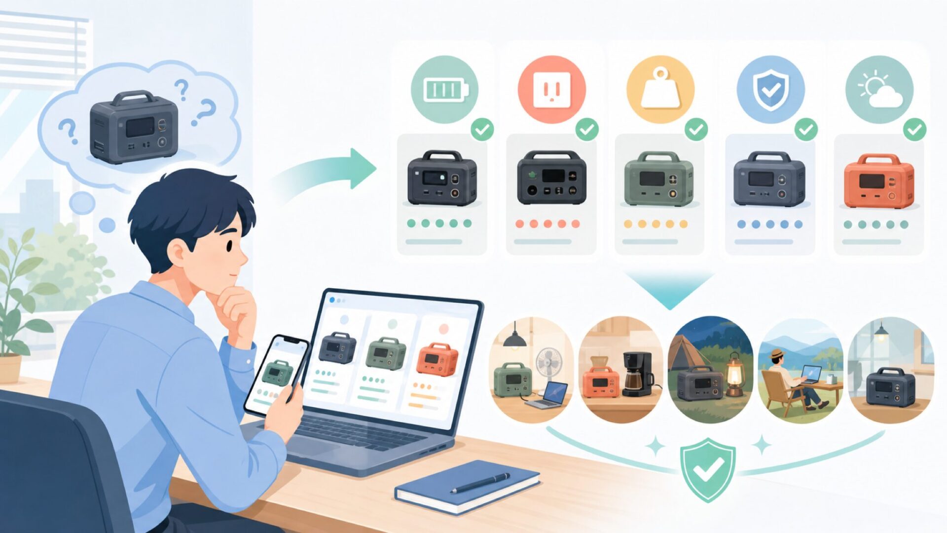 ポータブル電源の選び方——購入前に必ず確認したい5つの軸を表すイラスト