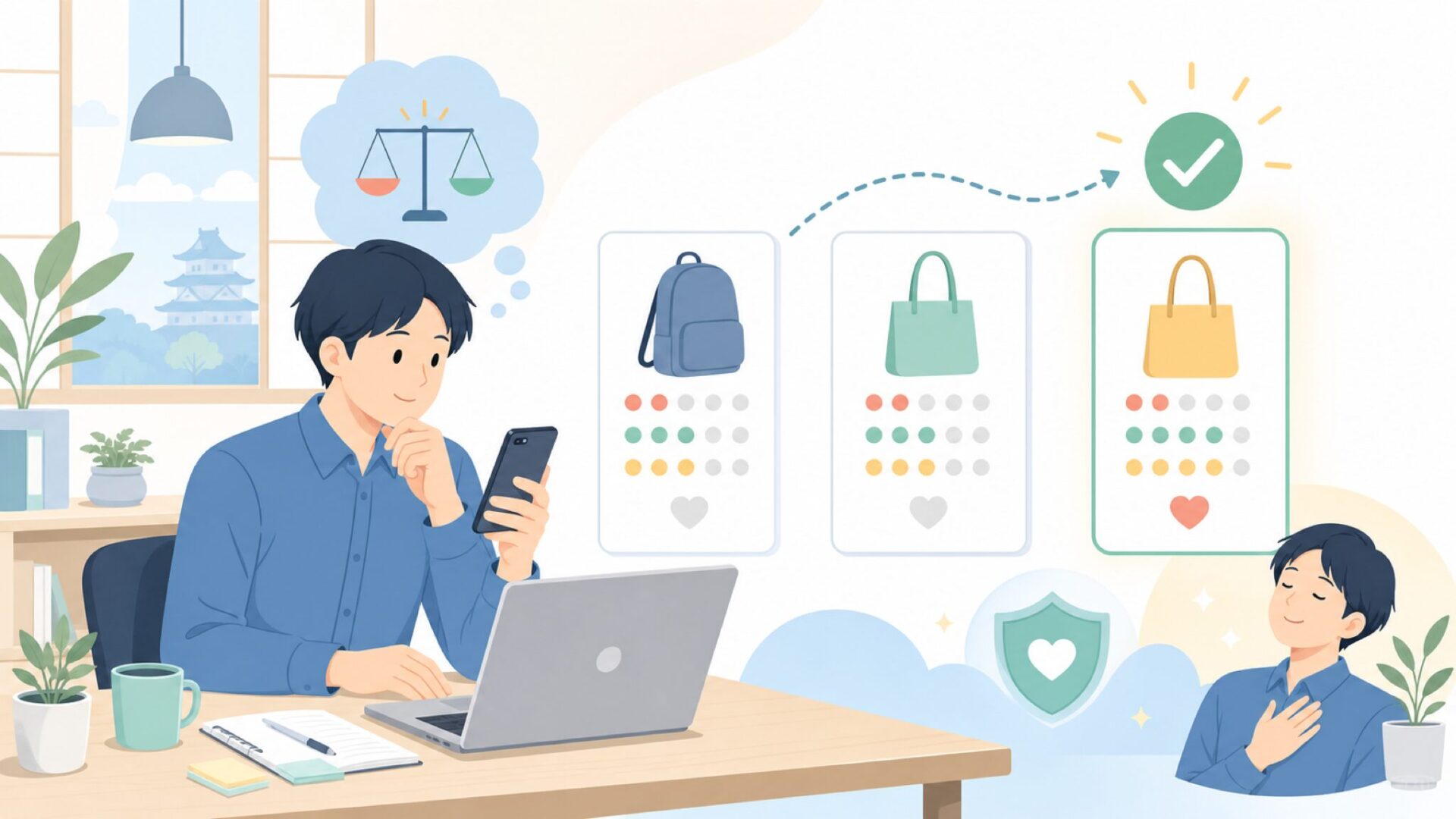 価格に見合うか？買って後悔しないための判断軸を表すイラスト