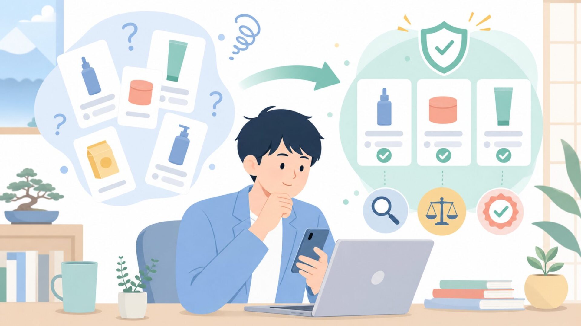 知名度の低い海外ブランドを選ぶときの判断基準を表すイラスト
