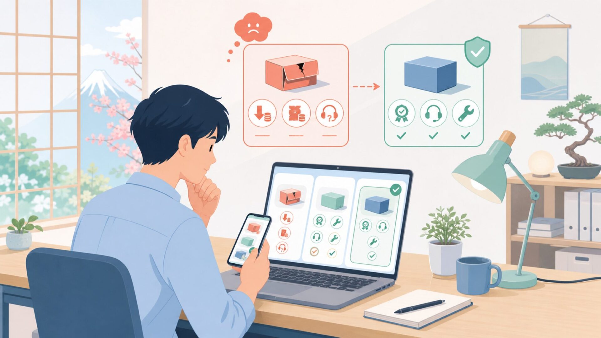 中国製の故障リスクと保証・サポート体制の実際を表すイラスト