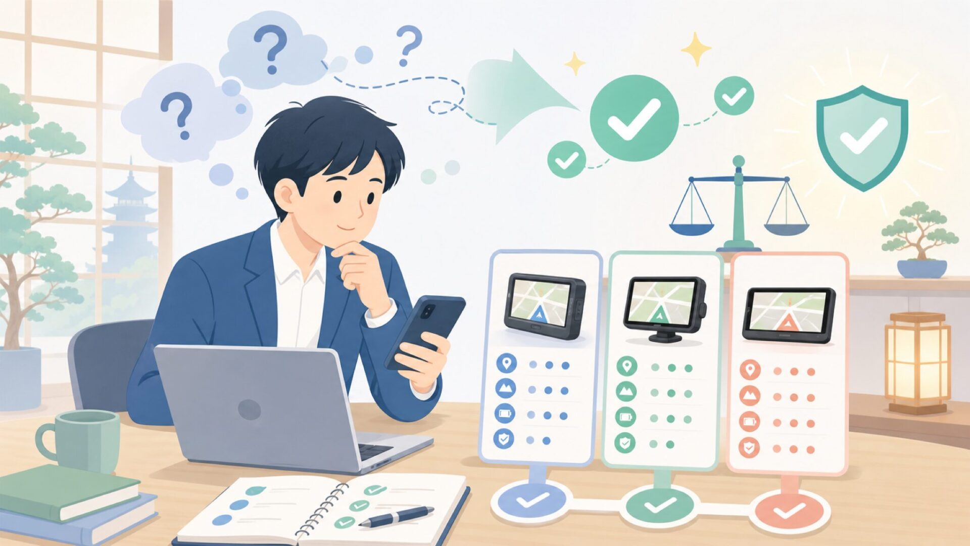 後悔しない選び方｜他社ポータブルナビと比べて決めるを表すイラスト