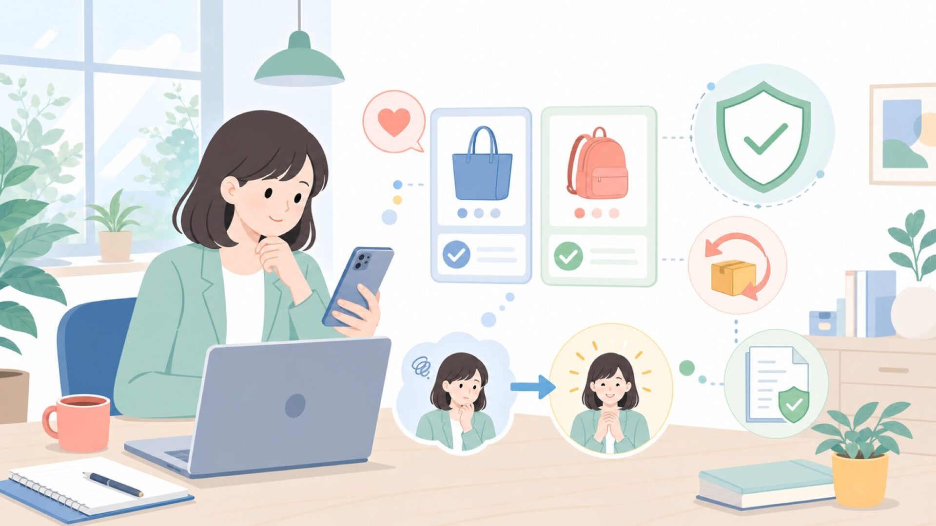 後悔しないための購入前チェックと返品の保険を表すイラスト