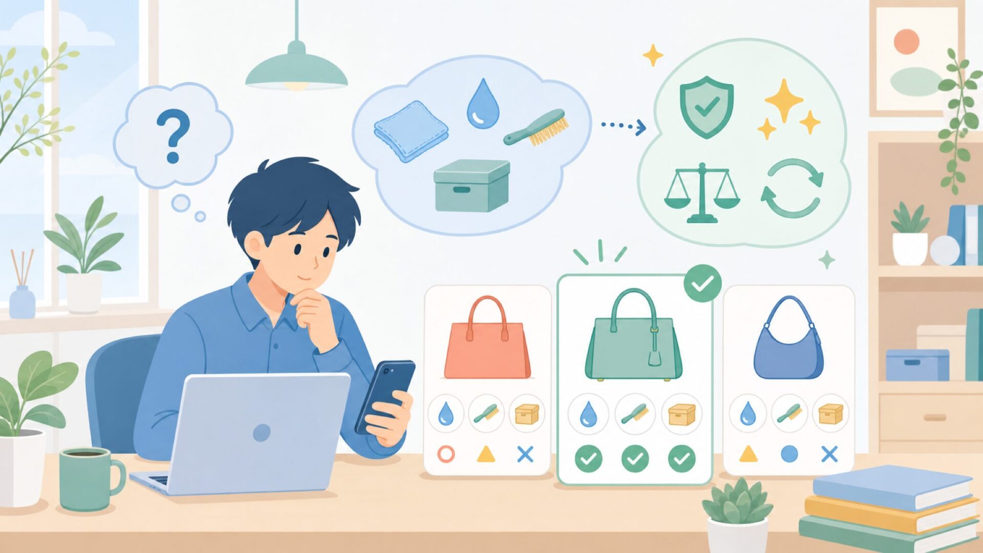 YUZEFIを長く愛用するための素材ケアとリセールを表すイラスト