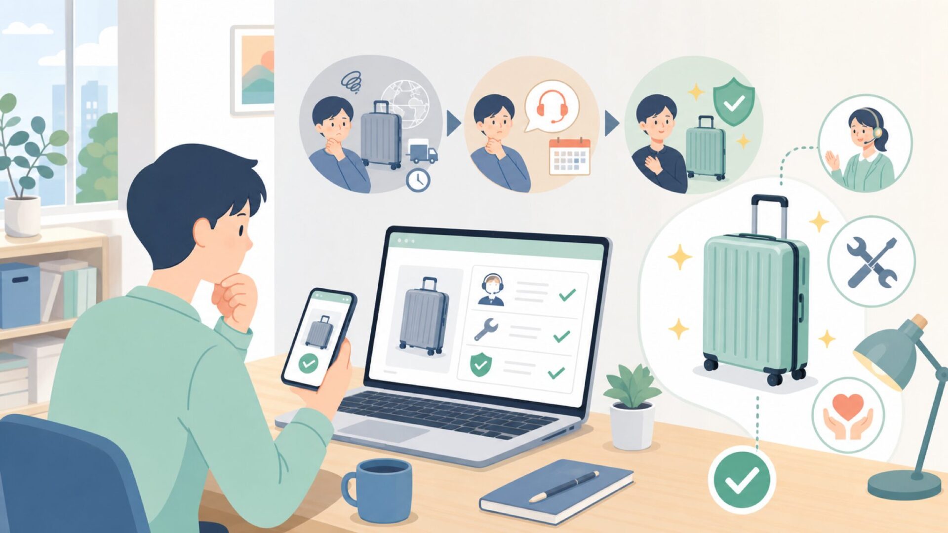 日本でのアフターケア・修理サポートを表すイラスト