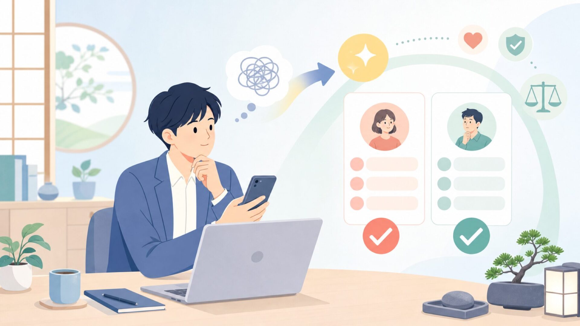 Eonoが向いている人・向いていない人 — 賢い選択のための判断基準を表すイラスト
