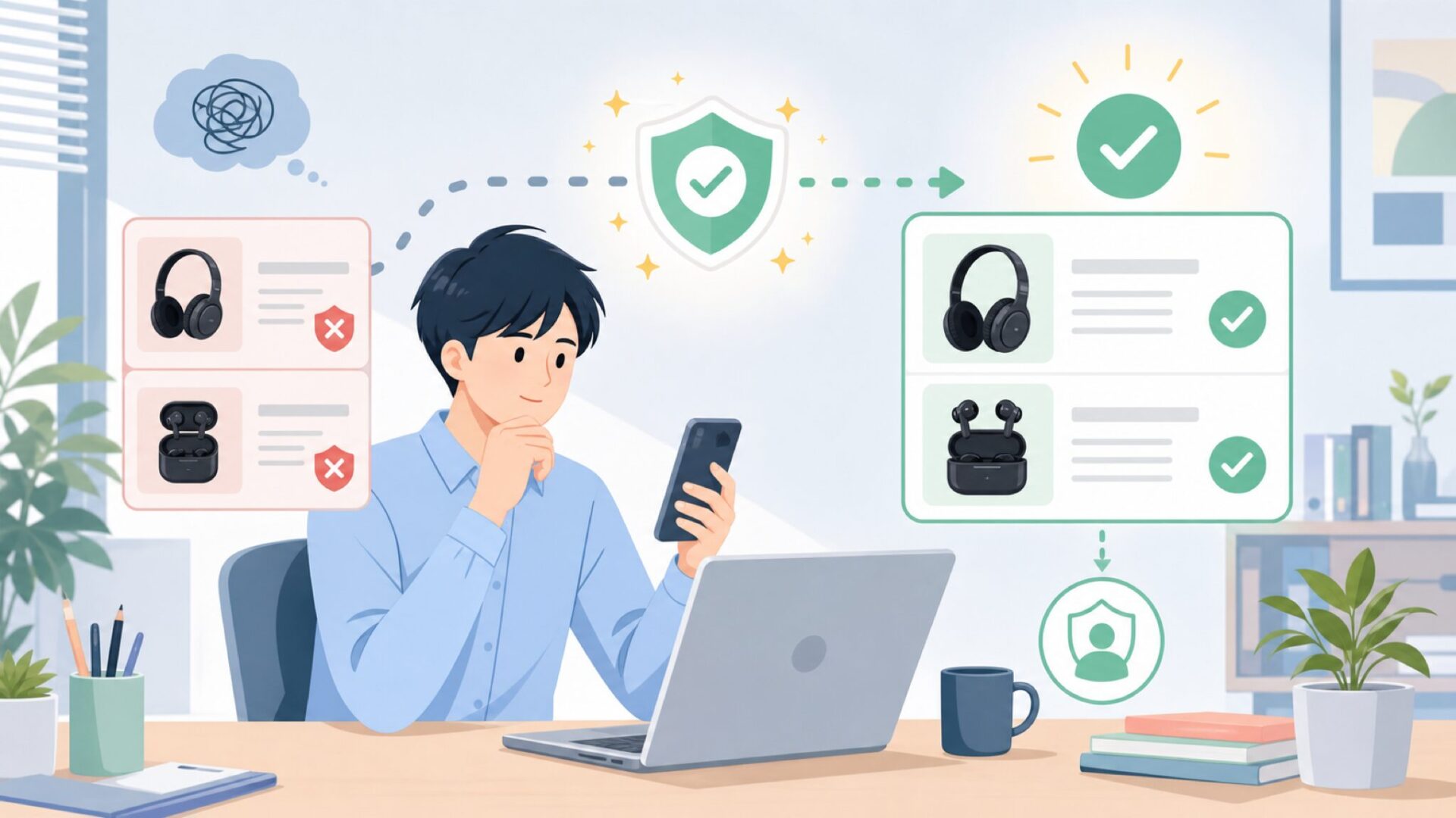 TREBLABをAmazonで安全に購入するコツを表すイラスト