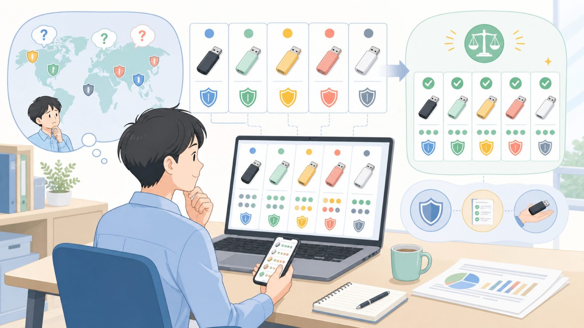USBメモリは国によって信頼度が変わるのか:ブランド別比較を表すイラスト