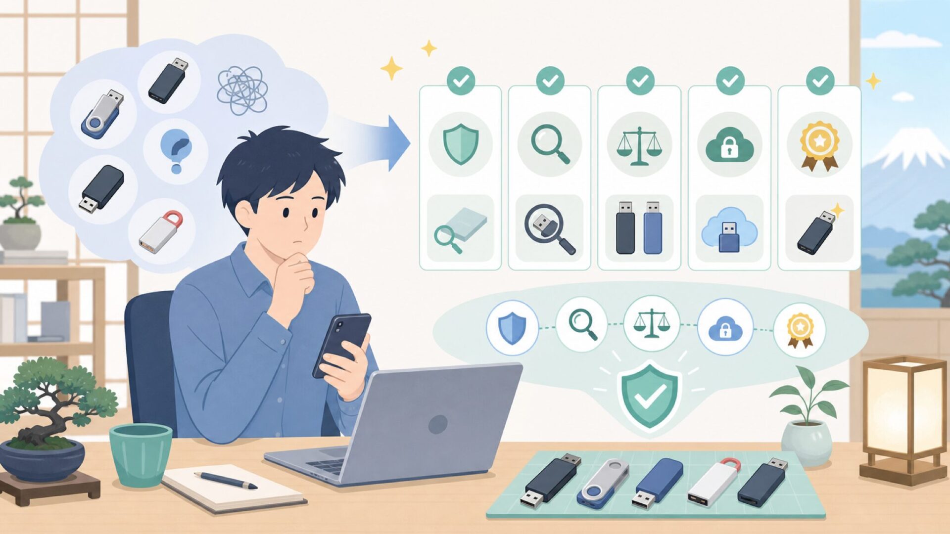 中国製USBメモリを買う前に確認すべき5つの注意点を表すイラスト