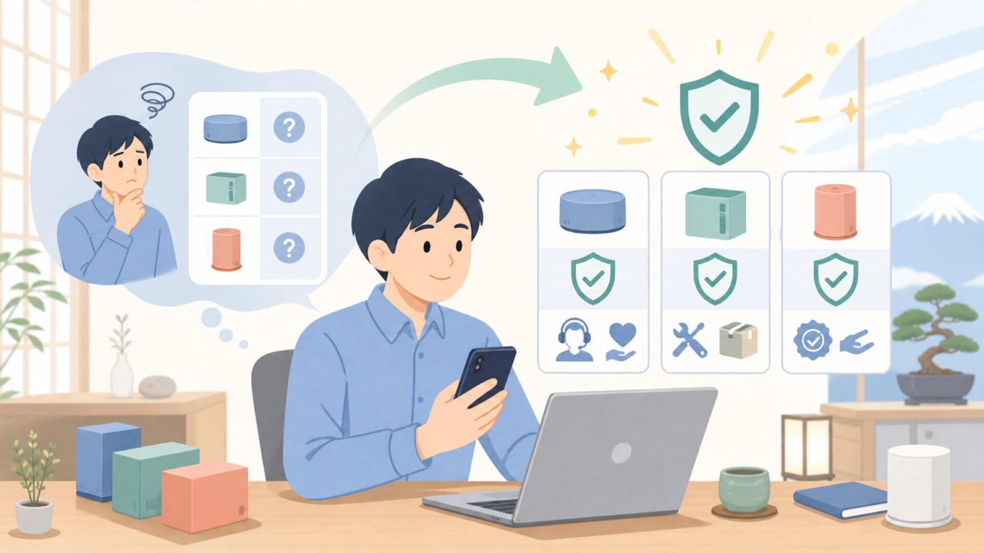 アフターサポートと保証で後悔しないための確認ポイントを表すイラスト
