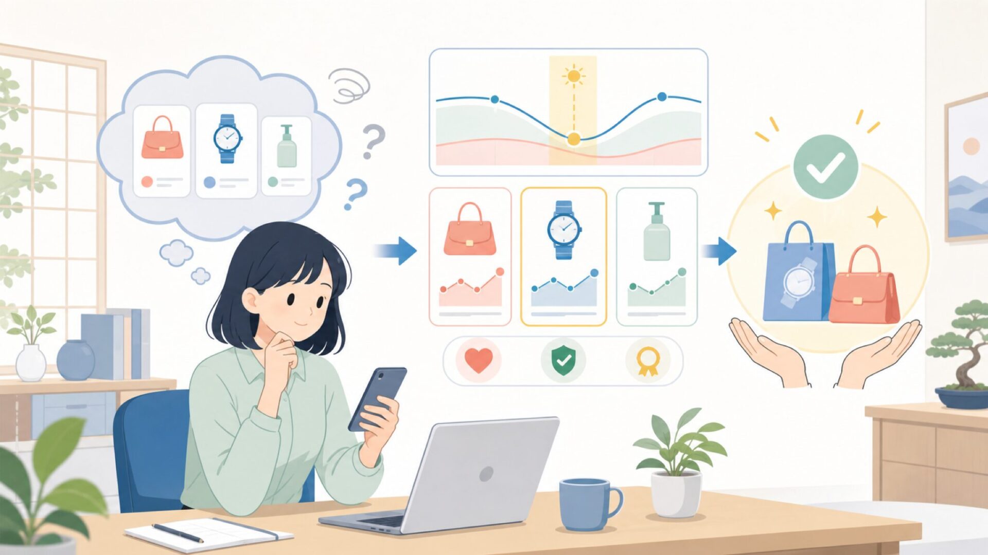 価格の相場感と買い時の見極め方を表すイラスト
