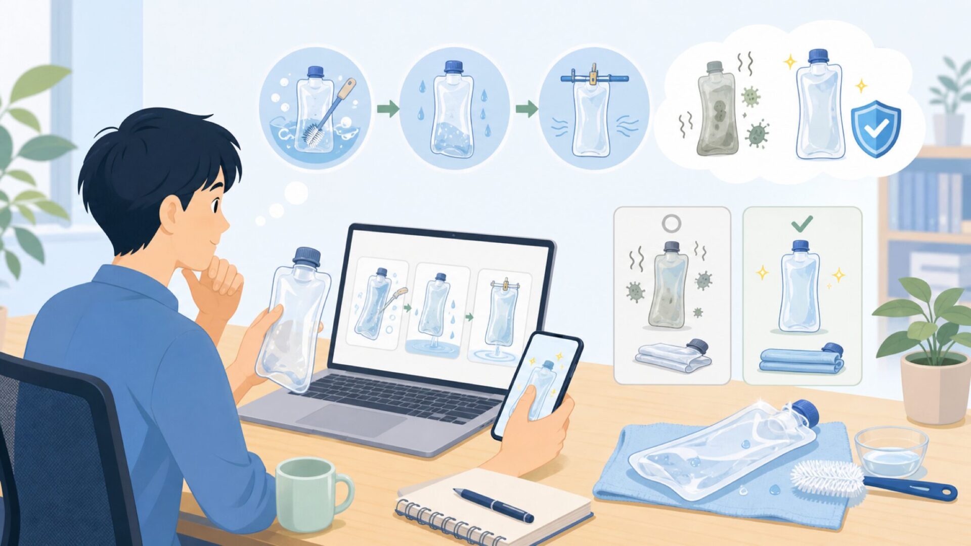 長く使うためのプラティパスの洗い方と臭い対策を表すイラスト