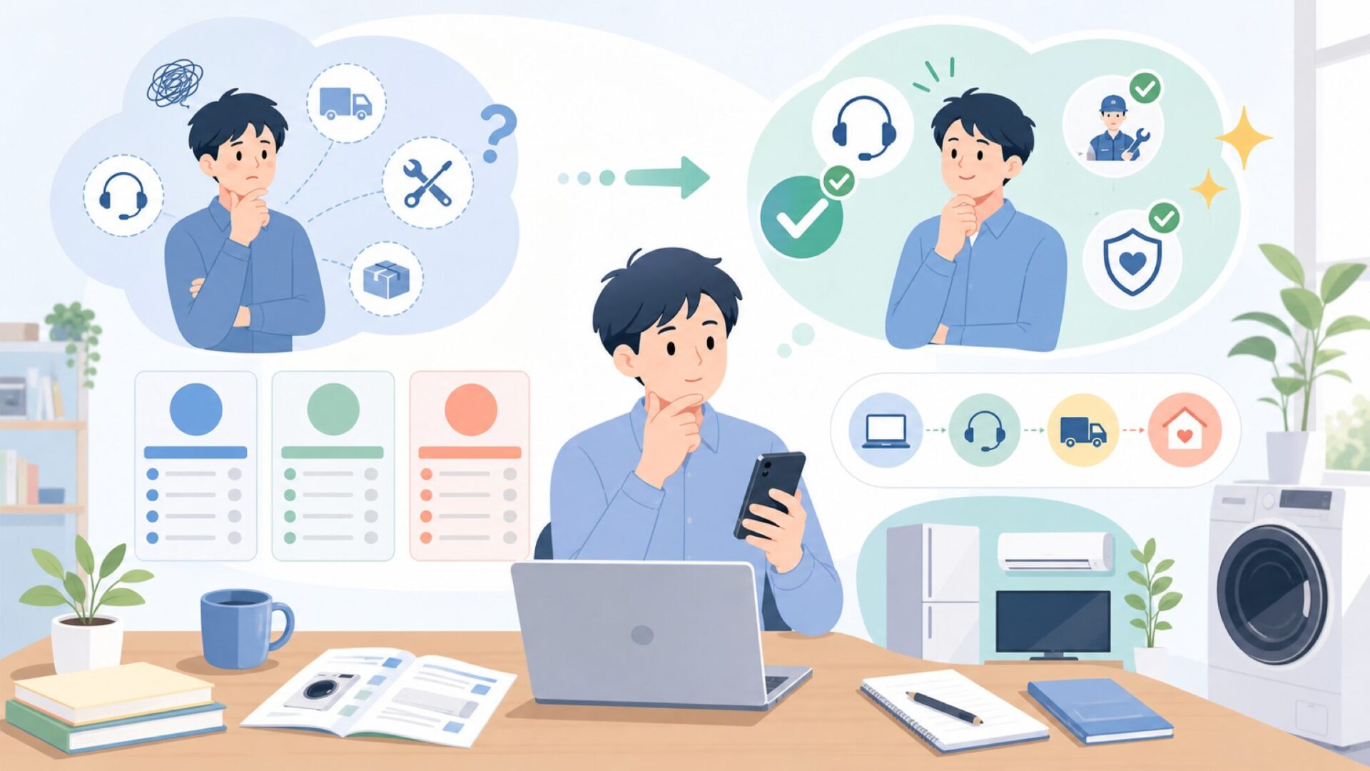 COMFEEのアフターサービス——修理・問い合わせの実態を表すイラスト