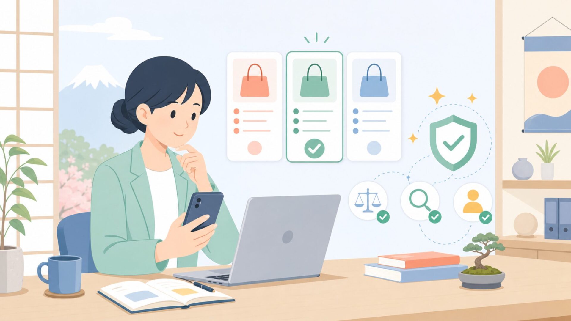 NIDAGEが安く買える理由と、買う前の最終チェックを表すイラスト
