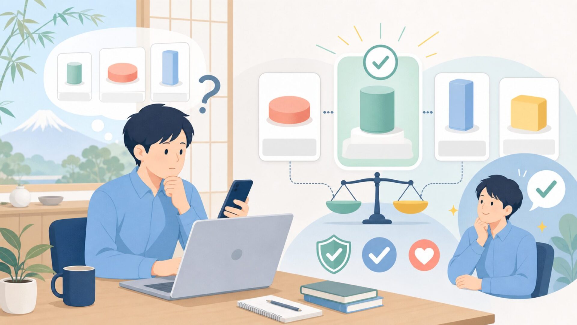 UIKOPと同価格帯ブランドを比較して損しない選び方を表すイラスト