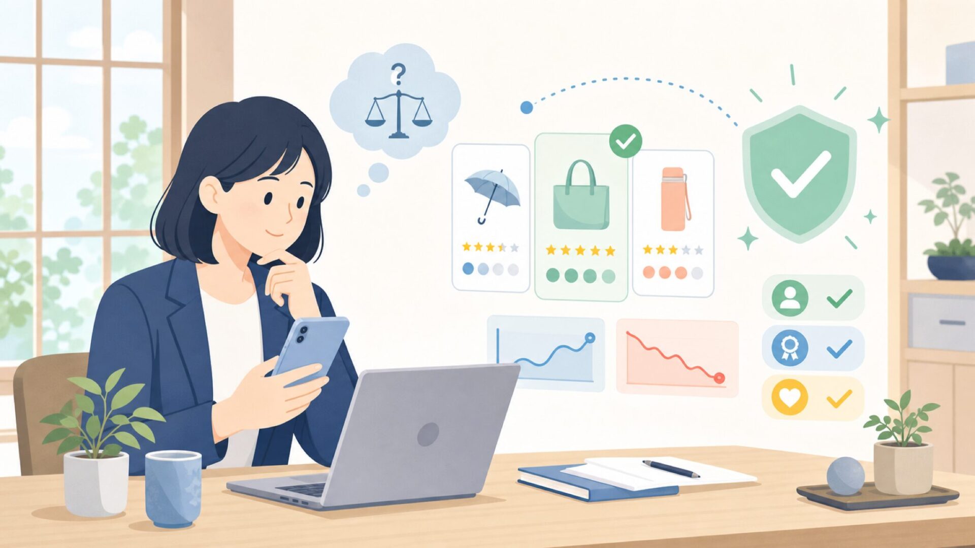 レビューの信頼性と価格の妥当性を見抜くを表すイラスト