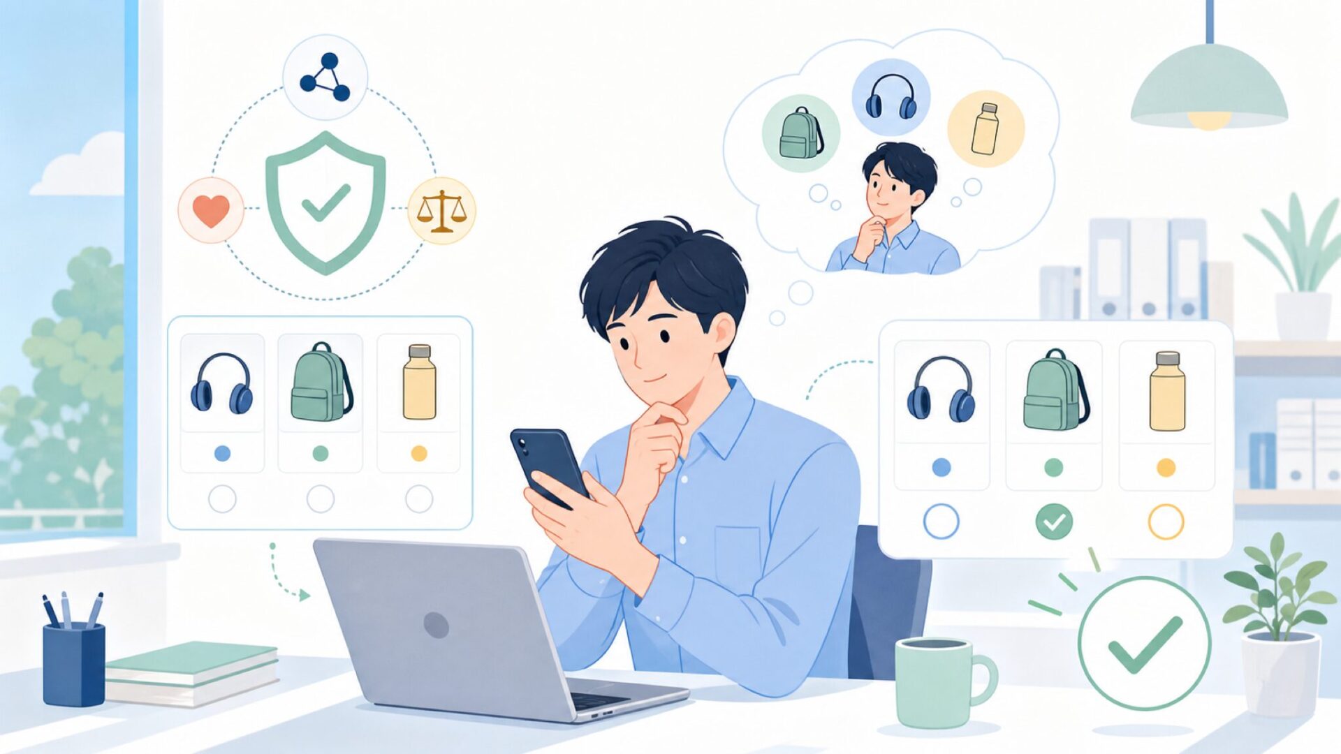 購入前に確認すべきポイントと競合比較を表すイラスト