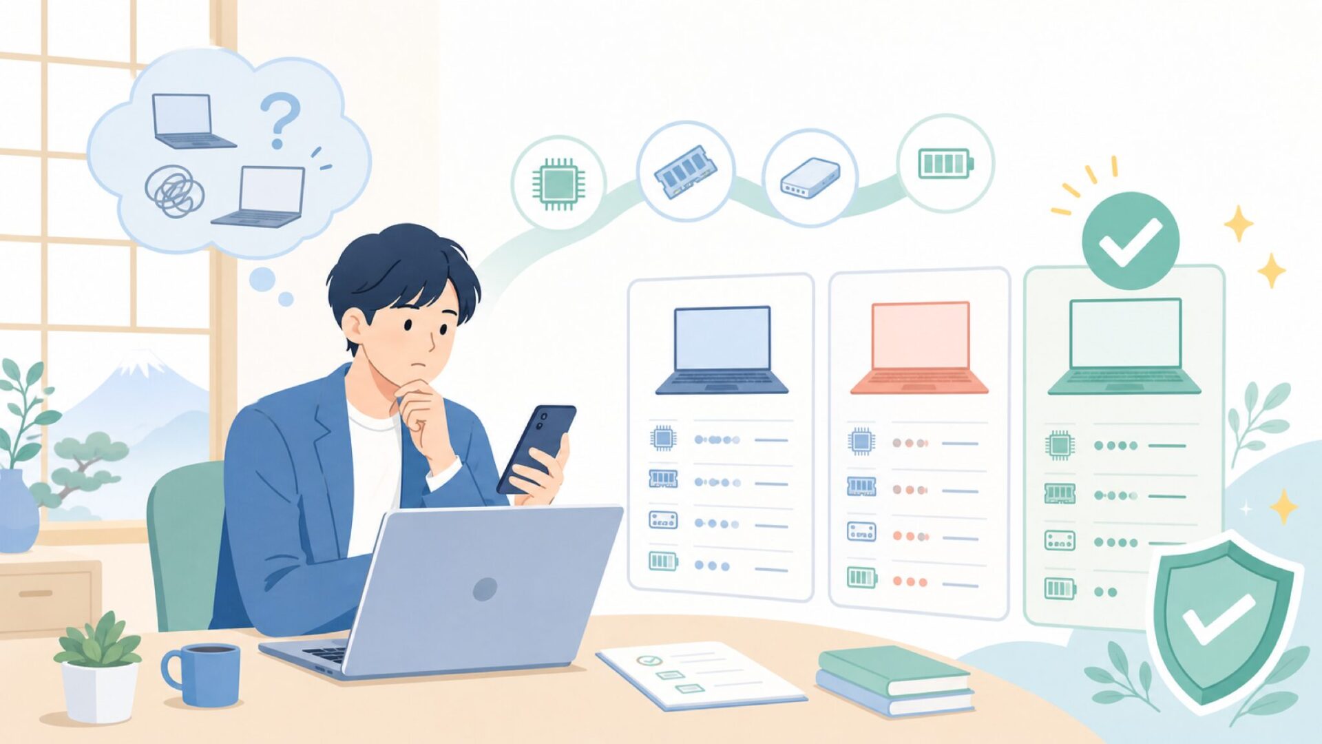 ノートPC・用途別スペックの確認ポイントを表すイラスト