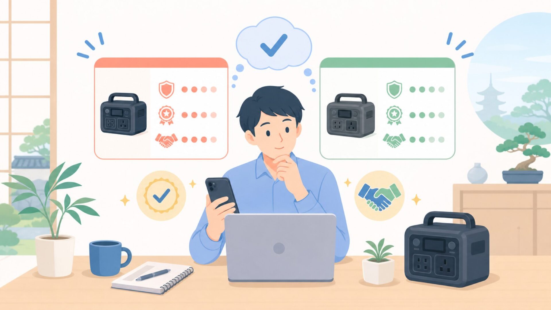 日本製と海外製ポータブル電源、どちらを選ぶべきかを表すイラスト