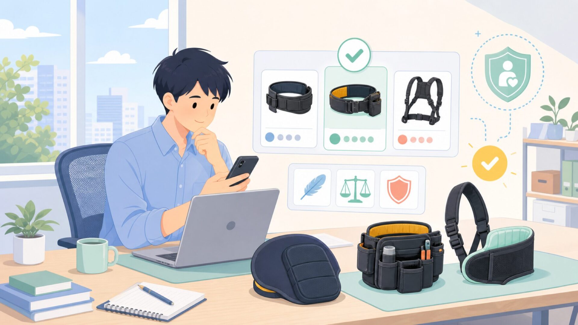 長時間作業を支えるKUNY'Sの快適アクセサリを表すイラスト