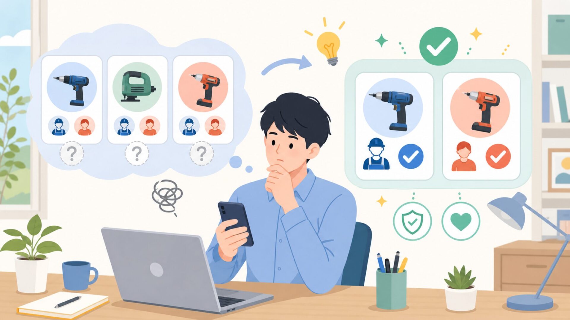 DeWALTはプロ向け?DIY向け?——正直な適性診断を表すイラスト