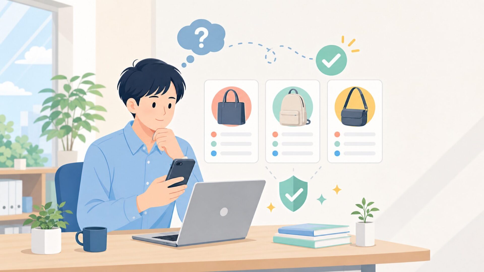 向いている人・慎重に比較したい人と買う前のチェックを表すイラスト