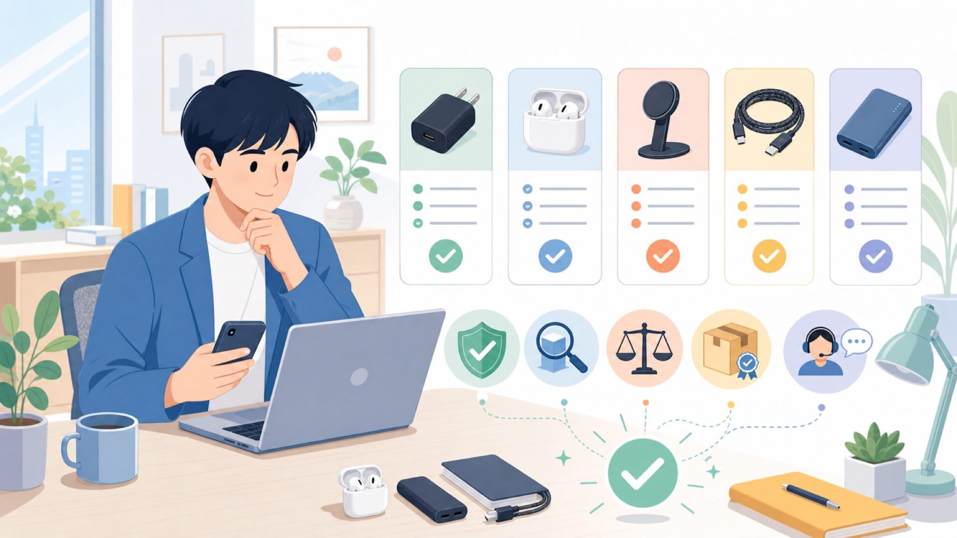 中国系アクセサリーブランドと賢く付き合うための5つの基準を表すイラスト