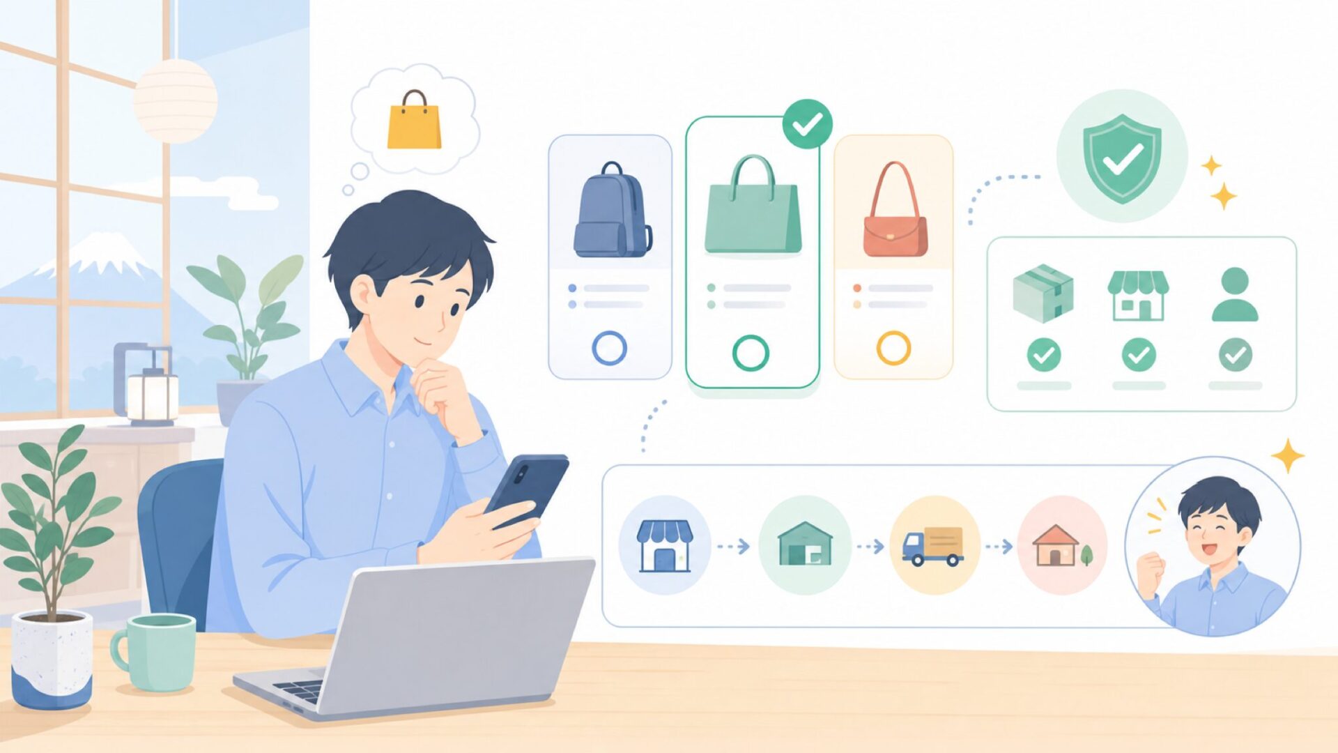 日本での入手方法と、買う前に確認したいことを表すイラスト