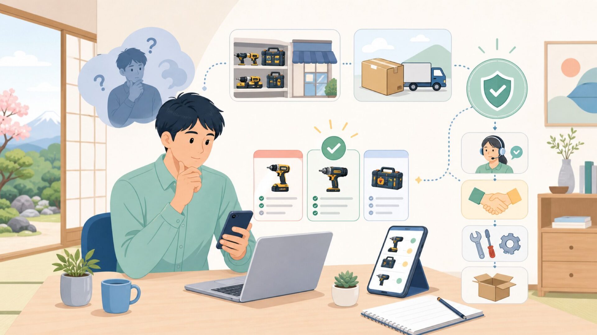日本でDEWALTを買う方法——入手先とサポートの実態を表すイラスト