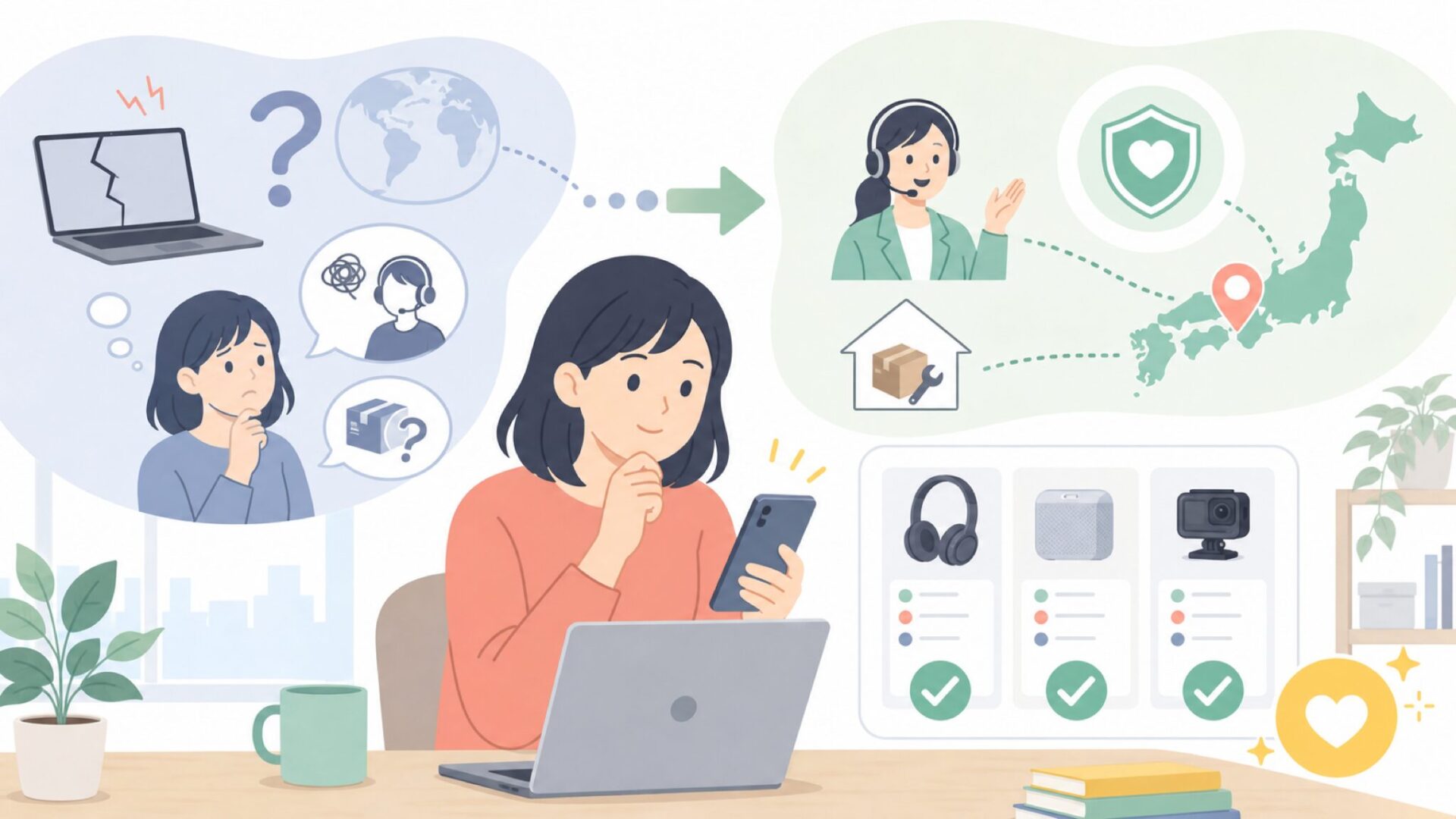 保証・サポートは日本から使えるのかを表すイラスト