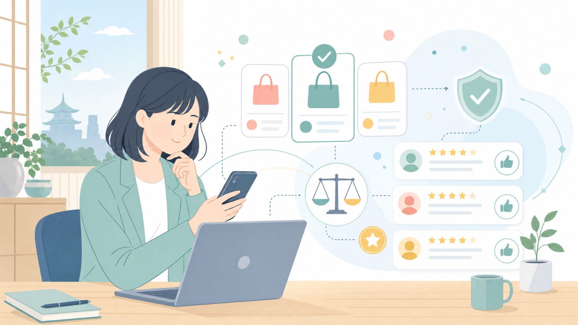 信頼性評価と実際のユーザーレビュー傾向を表すイラスト