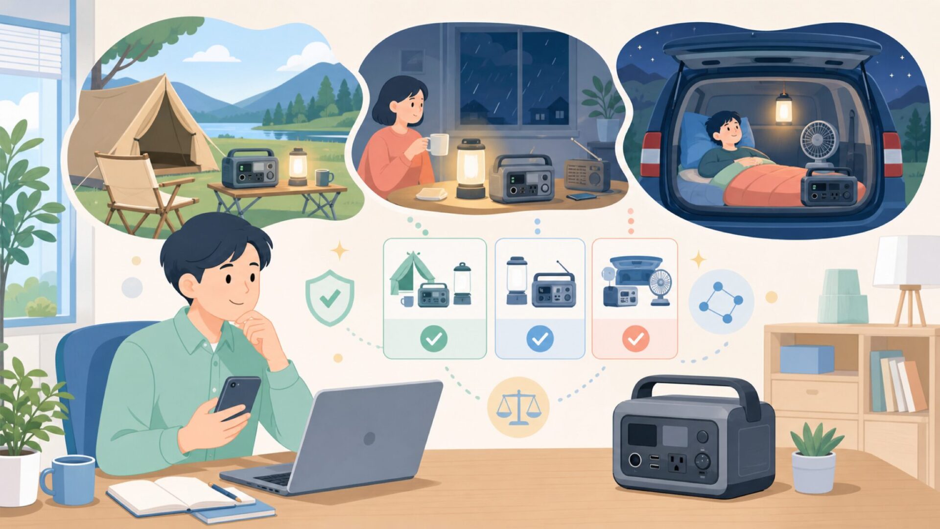 キャンプ・防災・車中泊でのJackery活用シーンを表すイラスト